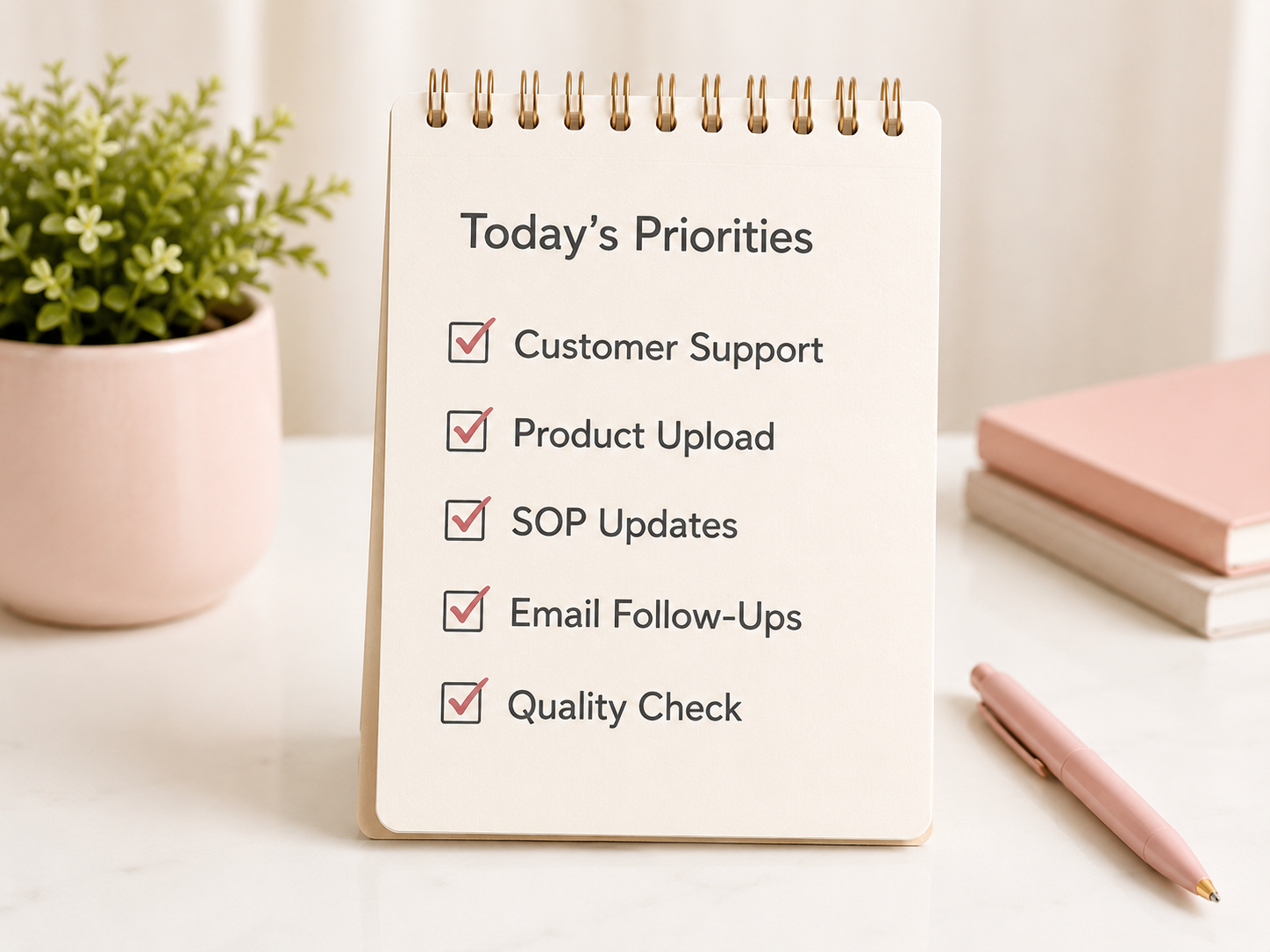 Desk with a written priorities checklist