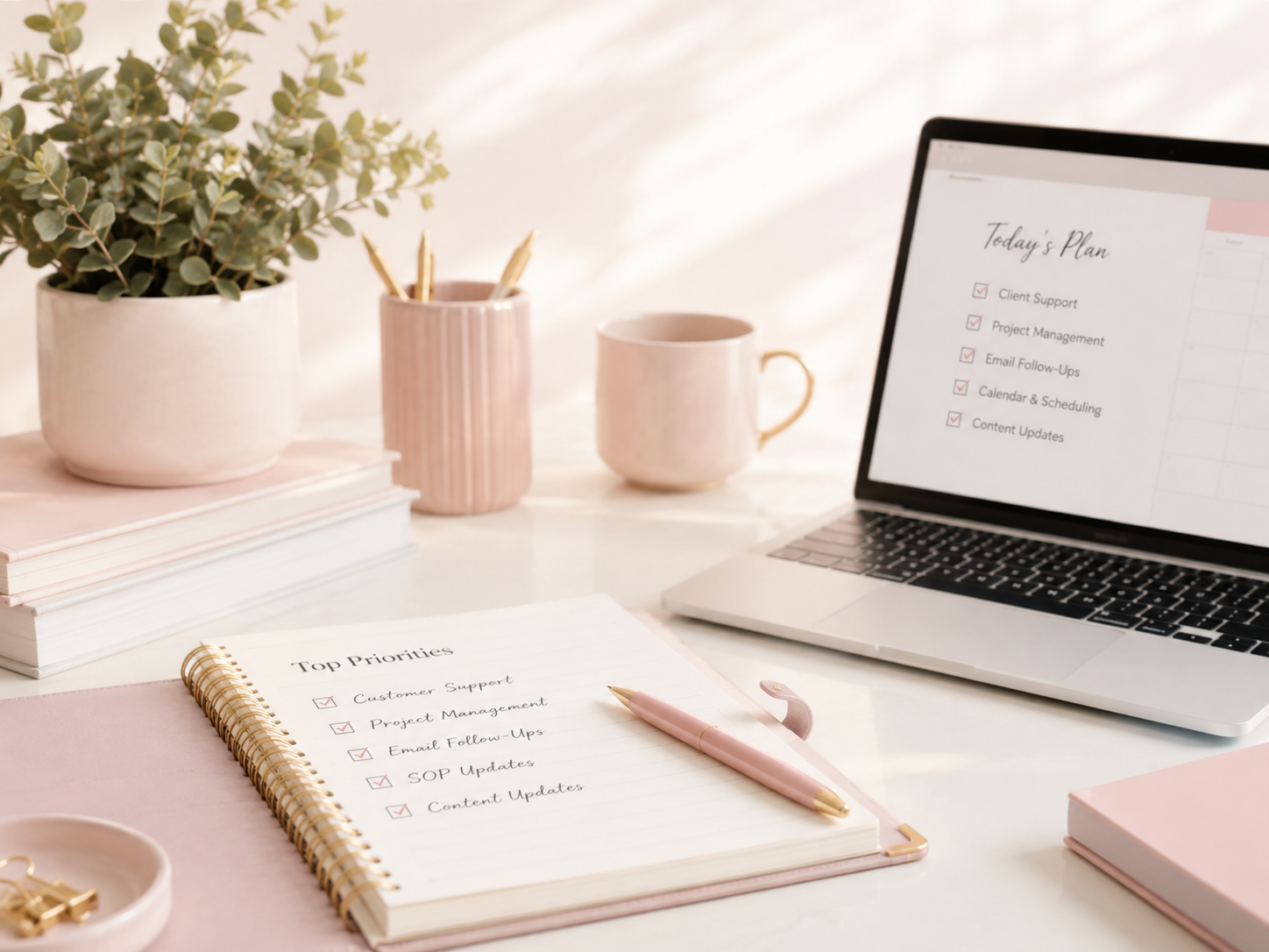 Organized workspace with a laptop, planner, and completed virtual assistant tasks